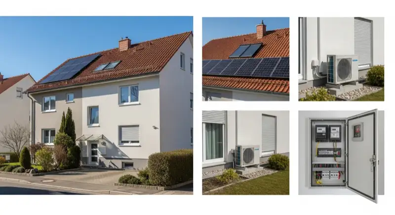Modern German electrical meter cabinet (Zählerschrank) with smart meter and solar inverter connection, clean technical installation