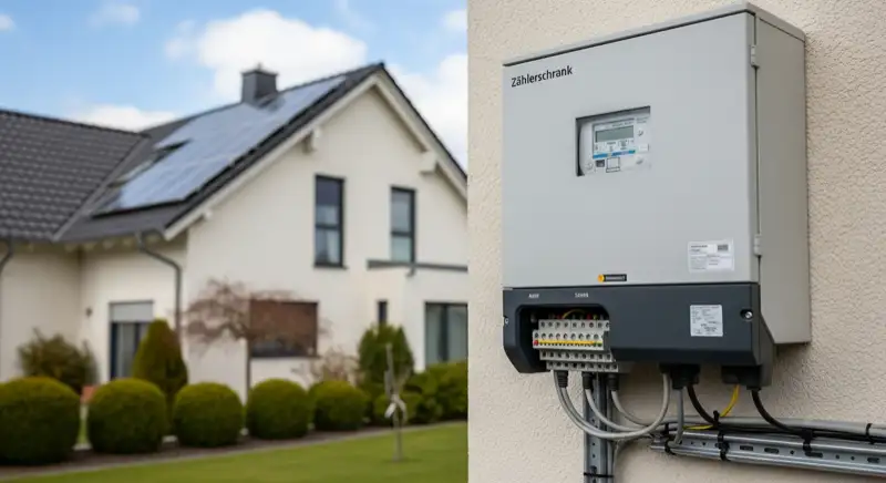 Modern German electrical meter cabinet (Zählerschrank) with smart meter and solar inverter connection, clean technical installation