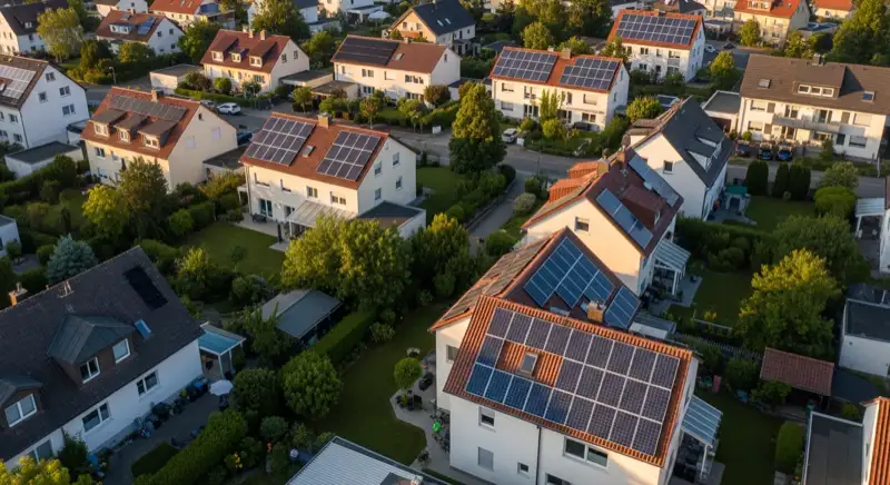 Aerial drone view of typical German residential neighborhood with mixed roof types, red and dark roof tiles, gardens visible, sunny day