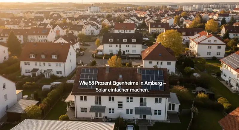 Aerial drone view of typical German residential neighborhood with mixed roof types, red and dark roof tiles, gardens visible, sunny day