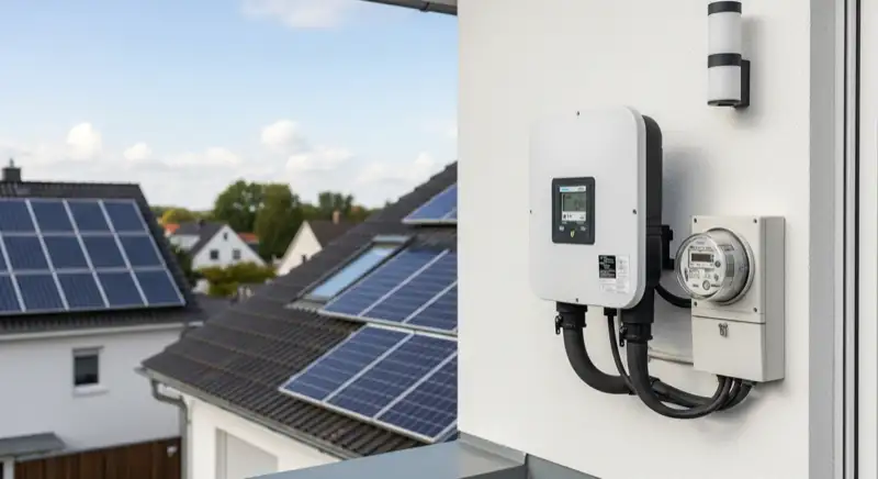 Modern German electrical meter cabinet (Zählerschrank) with smart meter and solar inverter connection, clean technical installation