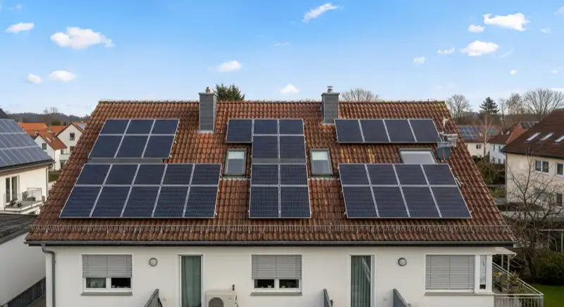 Installateur montiert Solarmodule auf einem steilen Einfamilienhaus-Dach in Attendorn