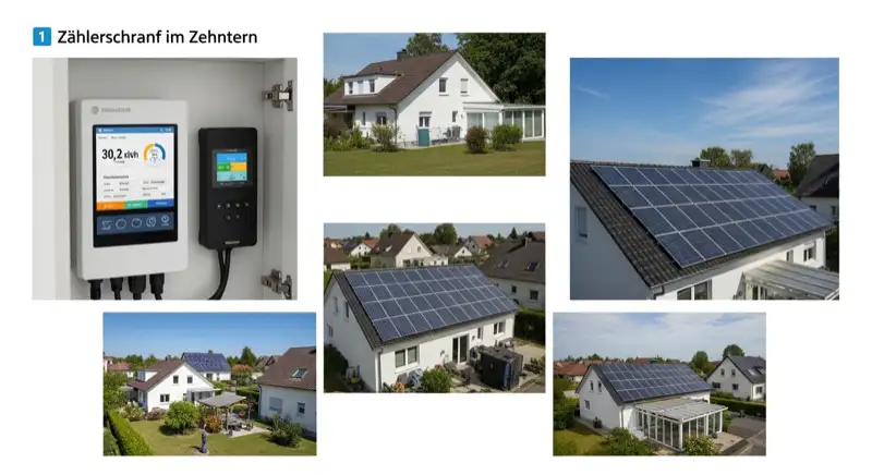Modern German electrical meter cabinet (Zählerschrank) with smart meter and solar inverter connection, clean technical installation