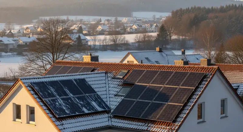 Solardach auf einem Wohnhaus in winterlicher Sauerland-Umgebung bei Attendorn
