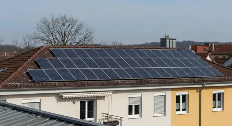 Qualifizierter Solarinstallateur bei der Dachmontage mit professioneller Sicherheitsausrüstung