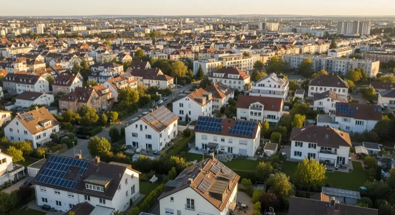 Wohngebiete in Augsburg mit verschiedenen Bauformen, typische Einfamilienhäuser und Dachstrukturen aus der Luft