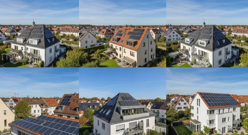 Hausbesitzer-Paar vor Einfamilienhaus in Augsburg, sonniger Tag, positive Energie-Szenerie