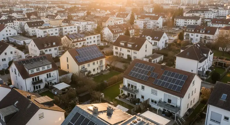 Wohngebiete in Augsburg mit verschiedenen Bauformen, typische Einfamilienhäuser und Dachstrukturen aus der Luft