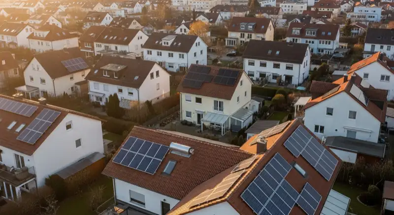 Wohngebiete in Augsburg mit verschiedenen Bauformen, typische Einfamilienhäuser und Dachstrukturen aus der Luft