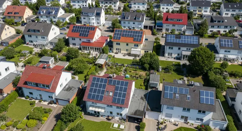 Aerial drone view of typical German residential neighborhood with mixed roof types, red and dark roof tiles, gardens visible, sunny day