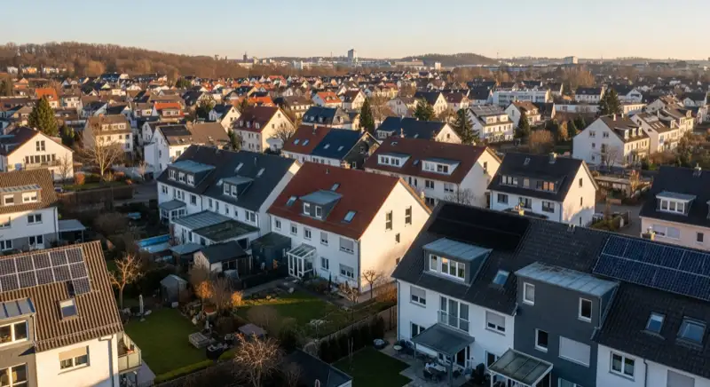 Aerial drone view of typical German residential neighborhood with mixed roof types, red and dark roof tiles, gardens visible, sunny day