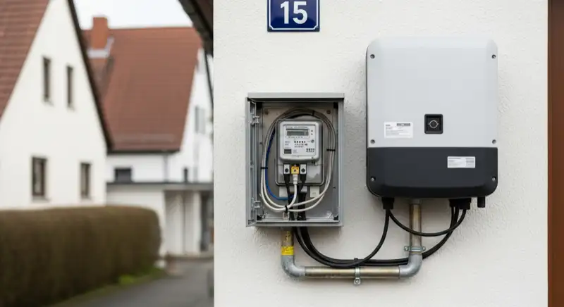 Modern German electrical meter cabinet (Zählerschrank) with smart meter and solar inverter connection, clean technical installation