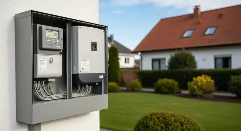 Modern German electrical meter cabinet (Zählerschrank) with smart meter and solar inverter connection, clean technical installation