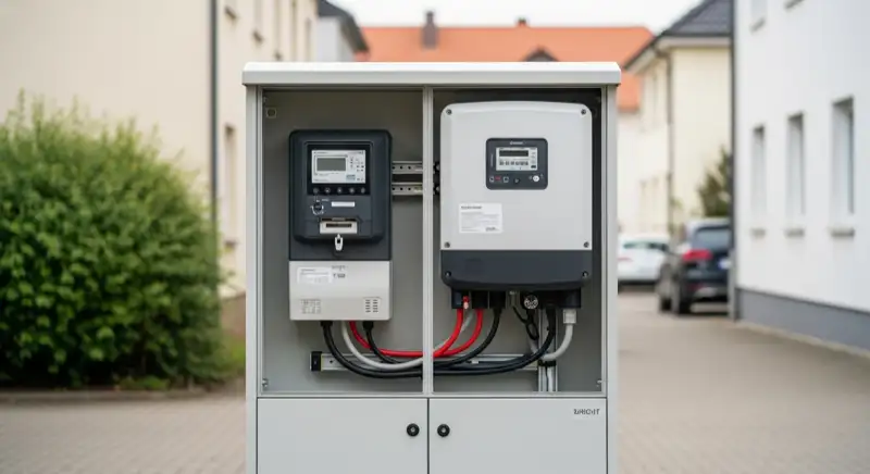 Modern German electrical meter cabinet (Zählerschrank) with smart meter and solar inverter connection, clean technical installation