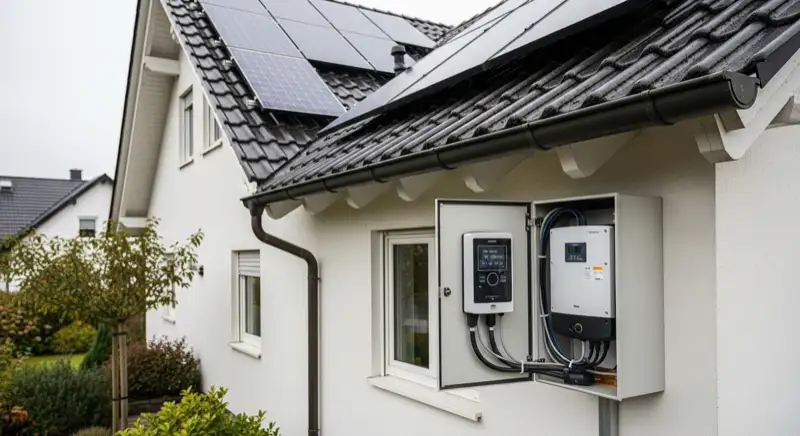 Modern German electrical meter cabinet (Zählerschrank) with smart meter and solar inverter connection, clean technical installation