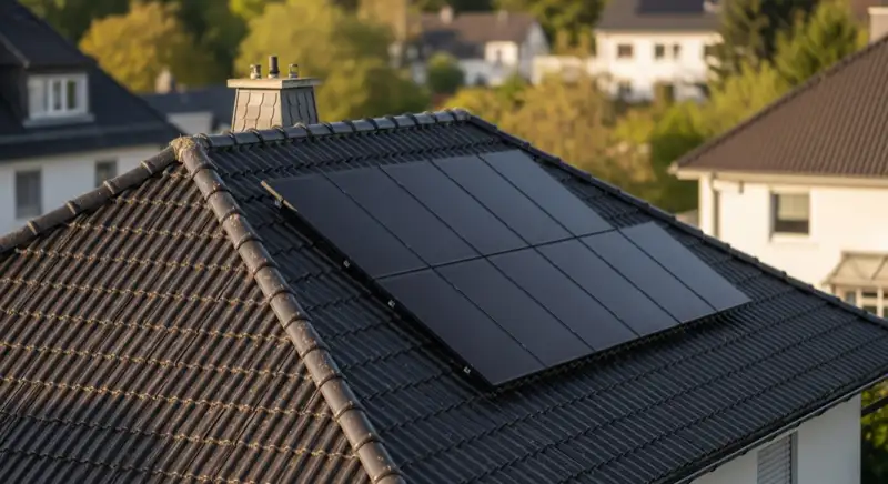 Schrägdach eines Einfamilienhauses mit Solarmodulen in einer Bad-Homburg-ähnlichen Wohnlage