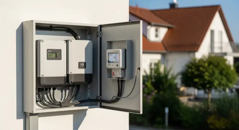 Modern German electrical meter cabinet (Zählerschrank) with smart meter and solar inverter connection, clean technical installation