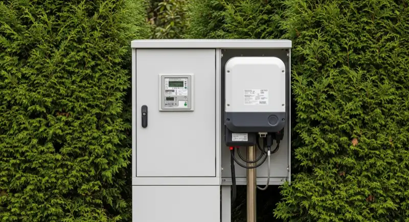 Modern German electrical meter cabinet (Zählerschrank) with smart meter and solar inverter connection, clean technical installation