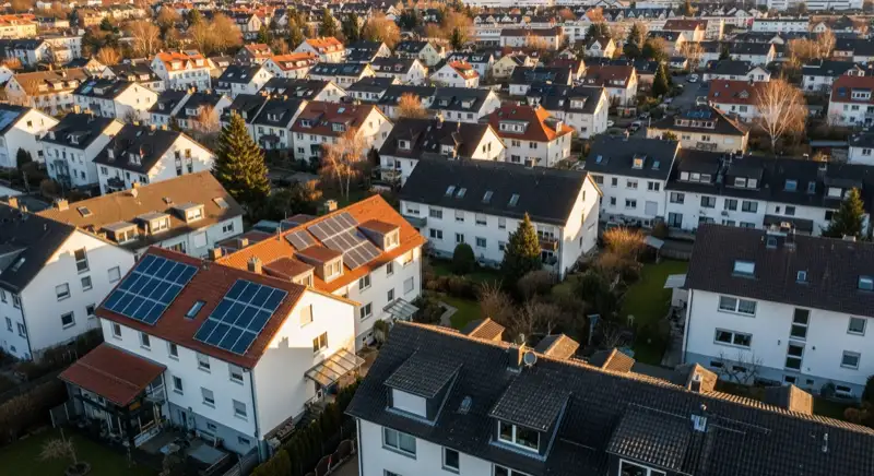 Aerial drone view of typical German residential neighborhood with mixed roof types, red and dark roof tiles, gardens visible, sunny day