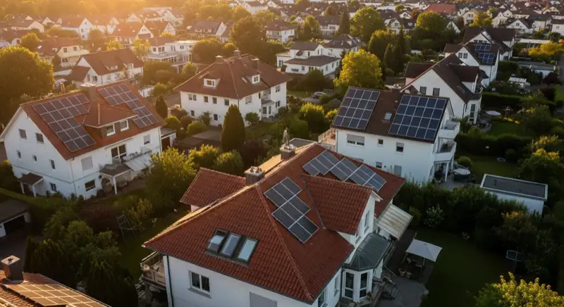 Aerial drone view of Bad Homburg residential neighborhood with several visible rooftop solar panel arrays, red tiled roofs and gardens, sunny day