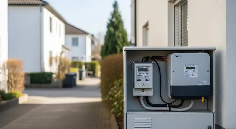 Modern German electrical meter cabinet (Zählerschrank) with smart meter and solar inverter connection, clean technical installation