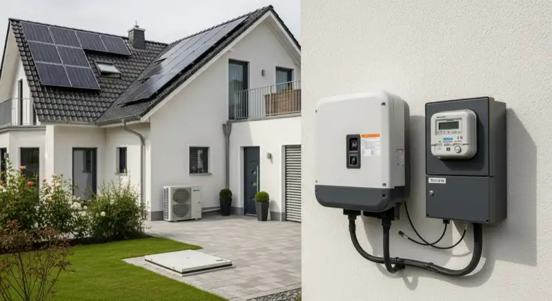 Open German residential service room with modern electrical meter cabinet, solar inverter, clean cable routing and no people visible