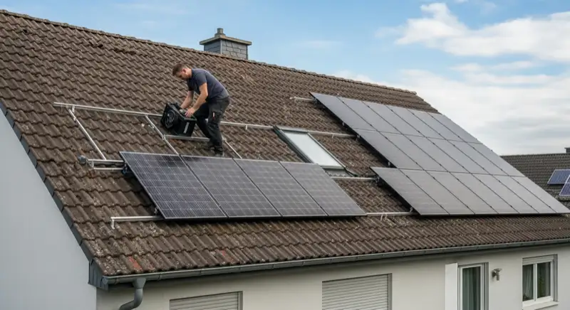 Installateur arbeitet auf einem Einfamilienhausdach mit Solarmodulen in Bad Homburg vor der Höhe