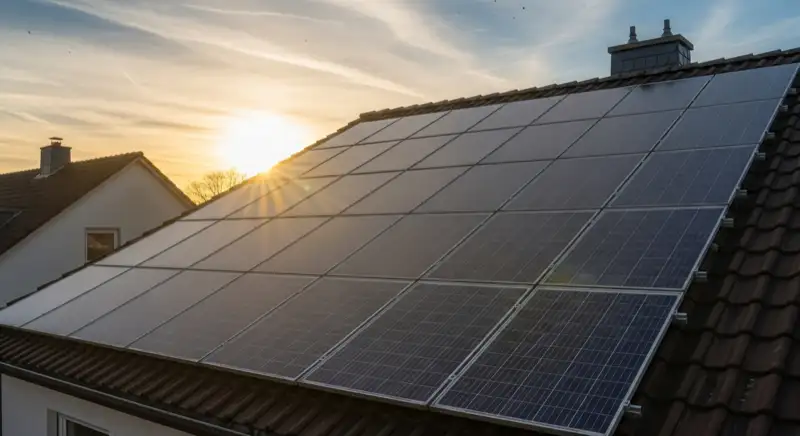 Close-up of photovoltaic solar panels installed on a traditional German Satteldach (gabled roof), blue sky with some clouds