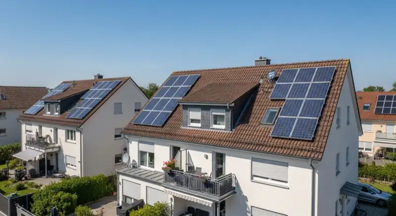 Geneigtes Einfamilienhausdach mit Solarmodulen in einer Bad-Honnef-ähnlichen Wohnstraße