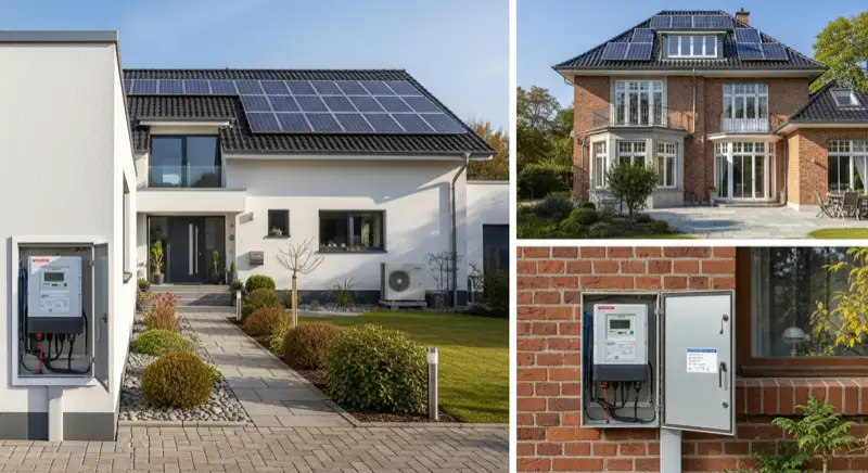 Modern German electrical meter cabinet (Zählerschrank) with smart meter and solar inverter connection, clean technical installation