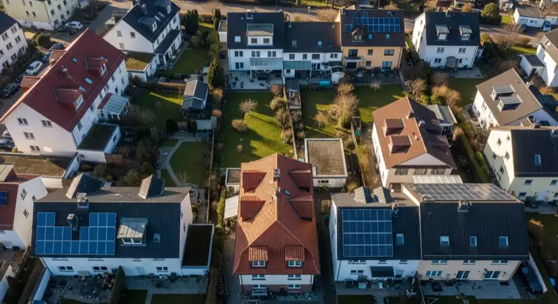 Aerial drone view of typical German residential neighborhood with mixed roof types, red and dark roof tiles, gardens visible, sunny day
