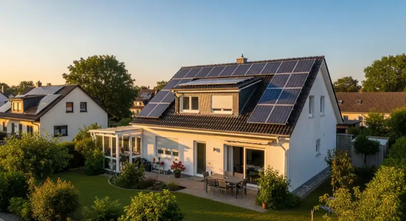 German detached house (Einfamilienhaus) with photovoltaic panels on pitched roof, well-maintained garden, warm afternoon sunlight