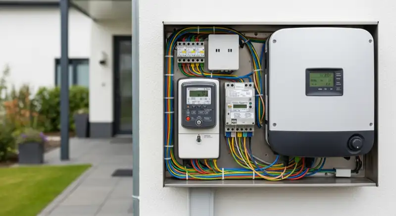 Modern German electrical meter cabinet (Zählerschrank) with smart meter and solar inverter connection, clean technical installation