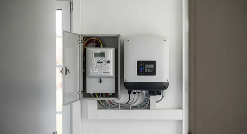 Modern German electrical meter cabinet (Zählerschrank) with smart meter and solar inverter connection, clean technical installation