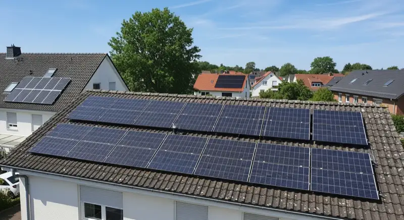 Nahaufnahme sauber montierter Photovoltaikmodule auf einem deutschen Satteldach