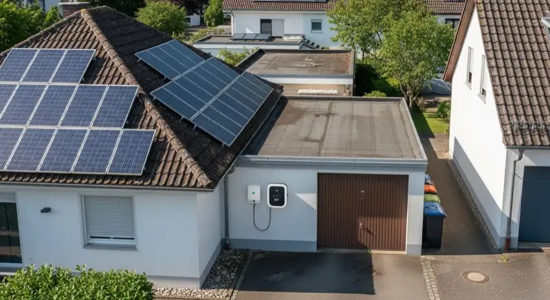 Garage eines Wohnhauses in Bad Honnef mit Wallbox und Photovoltaikdach im Hintergrund