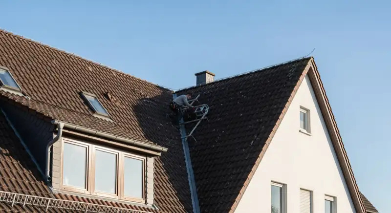 Installateur auf einem Schrägdach in einem Bautzener Wohngebiet bei klarer Witterung