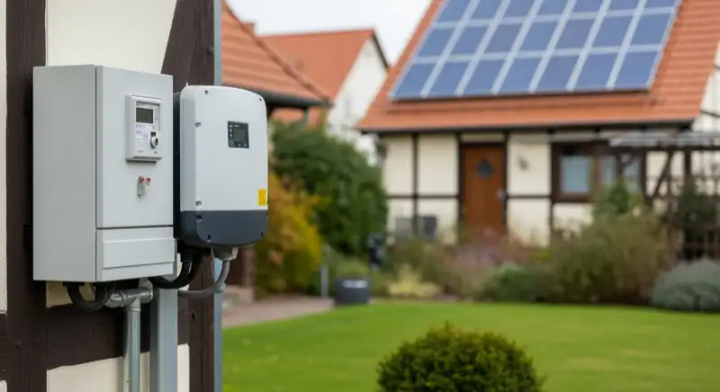 Modern German electrical meter cabinet (Zählerschrank) with smart meter and solar inverter connection, clean technical installation