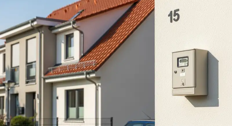 Modern German electrical meter cabinet (Zählerschrank) with smart meter and solar inverter connection, clean technical installation