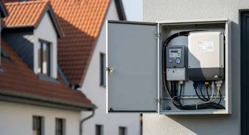 Modern German electrical meter cabinet (Zählerschrank) with smart meter and solar inverter connection, clean technical installation