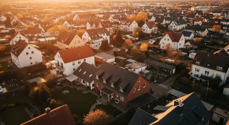 Aerial drone view of typical German residential neighborhood with mixed roof types, red and dark roof tiles, gardens visible, sunny day