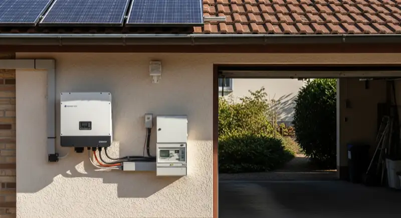 Modern solar inverter mounted on garage wall next to electrical panel, clean professional installation, natural daylight