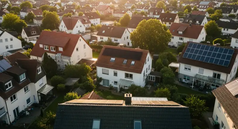 Aerial drone view of typical German residential neighborhood with mixed roof types, red and dark roof tiles, gardens visible, sunny day