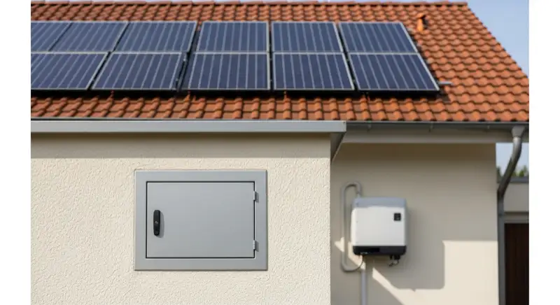Modern German electrical meter cabinet (Zählerschrank) with smart meter and solar inverter connection, clean technical installation