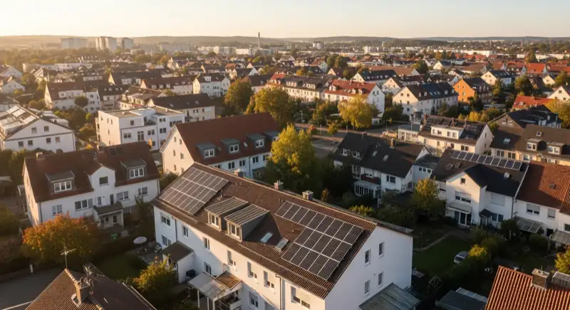 Aerial drone view of typical German residential neighborhood with mixed roof types, red and dark roof tiles, gardens visible, sunny day