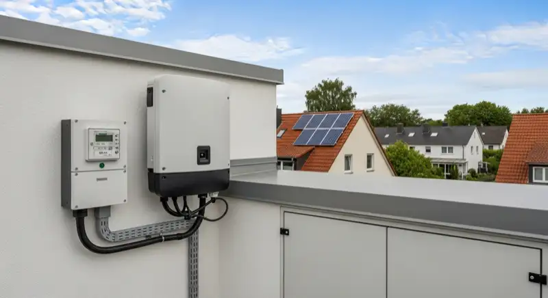 Modern German electrical meter cabinet (Zählerschrank) with smart meter and solar inverter connection, clean technical installation