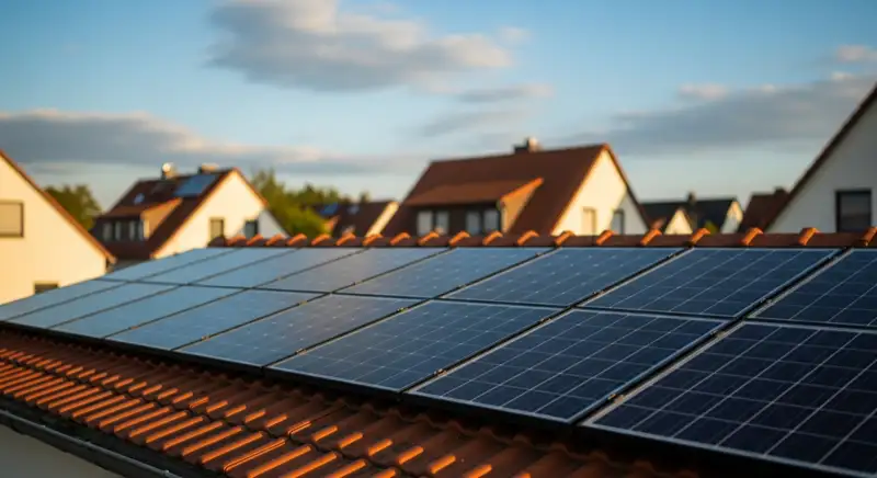 Close-up of photovoltaic solar panels installed on a traditional German Satteldach (gabled roof), blue sky with some clouds
