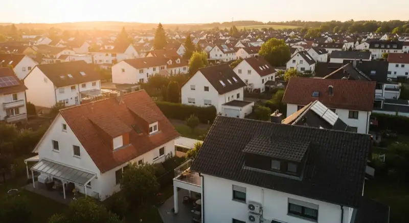 Aerial drone view of typical German residential neighborhood with mixed roof types, red and dark roof tiles, gardens visible, sunny day
