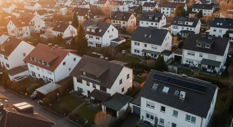 Aerial drone view of typical German residential neighborhood with mixed roof types, red and dark roof tiles, gardens visible, sunny day