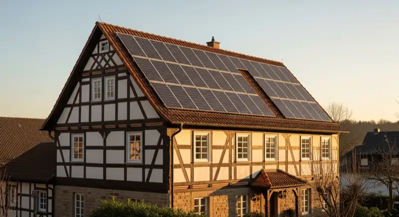 Bergisches Fachwerkhaus mit moderner Solaranlage auf charakteristischem Steildach